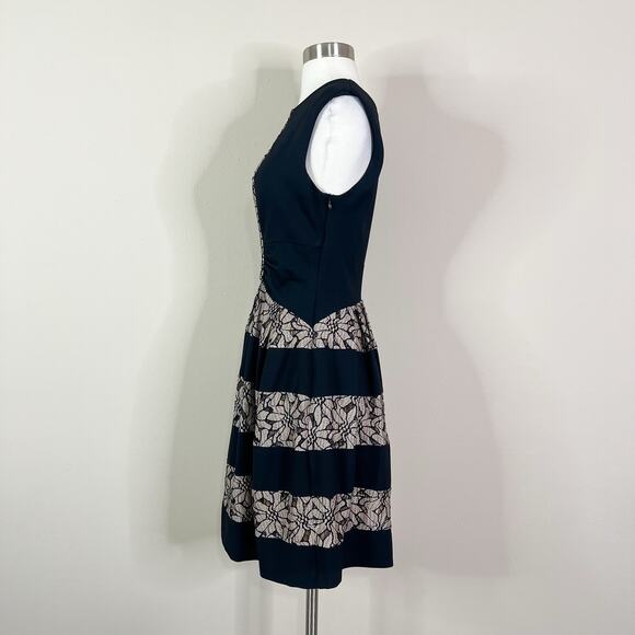 Anthropologie | Eva Franco Lace Panel Black Cream Fit Flare Floral Party Dress 6 - Picture 9 of 11